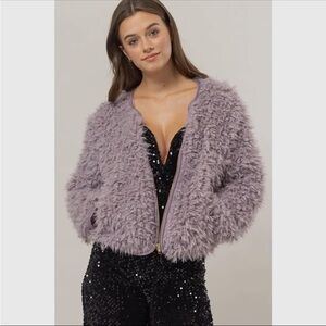 LAVENDER Open Zip Fuzzy Fur Jacket
